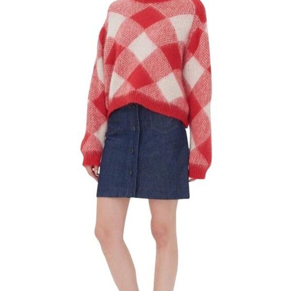 Sandro Sparks Diamond Sweater Red Plaid Mohair Size Small crew neck fluffy - Picture 3 of 11